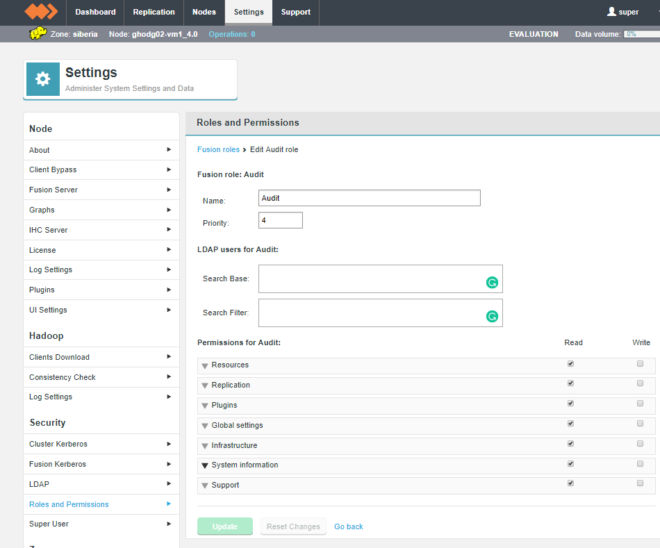 LDAP Roles screen