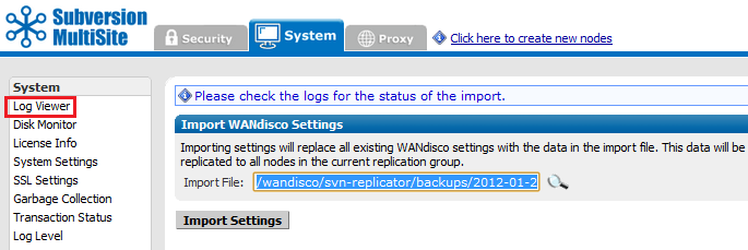 Admin Console - Import Settings