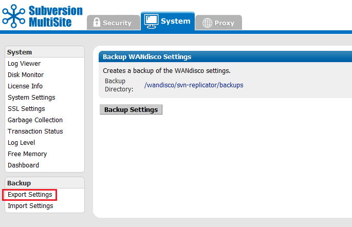 Admin Console - Export Settings