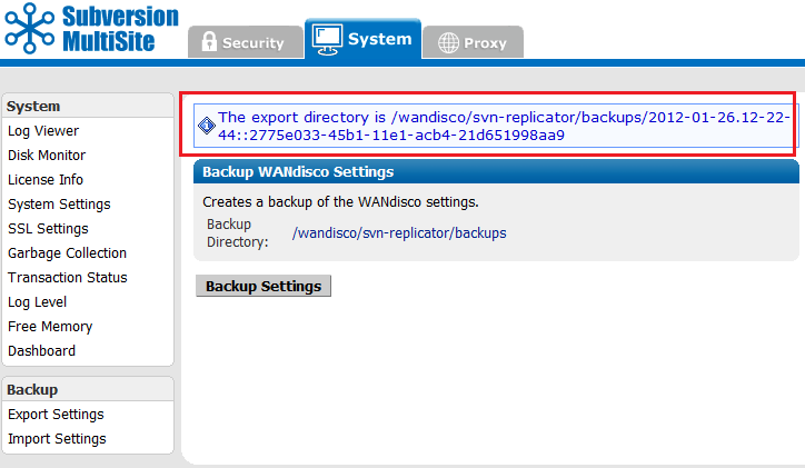 Admin Console - Export Settings